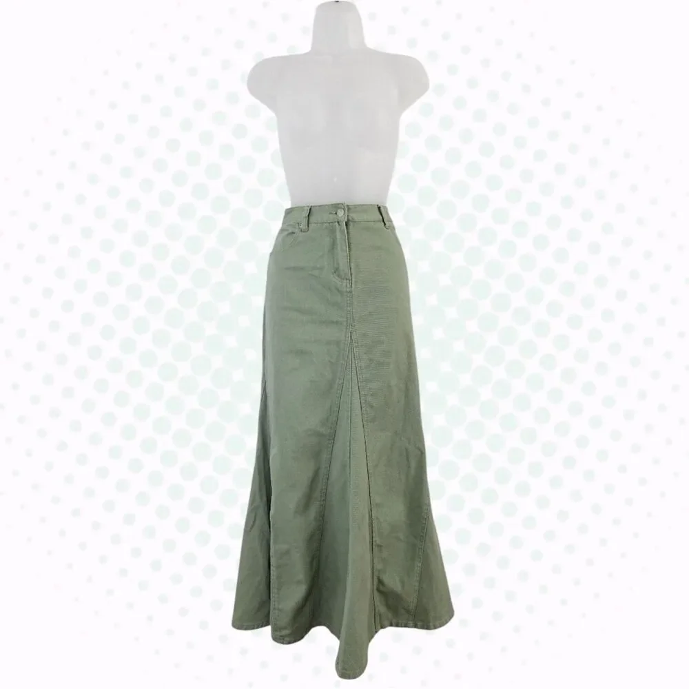 Vintage Y2K Jeanology Light Sage Green High Rise Denim Trumpet Maxi Skirt Size 2